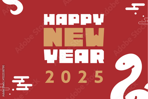 シンプルな蛇で飾られた巳年の2025年度版横向き年賀状テンプレート（赤）　2025 horizontal happy new year's card template decorated with a simple snake (red)