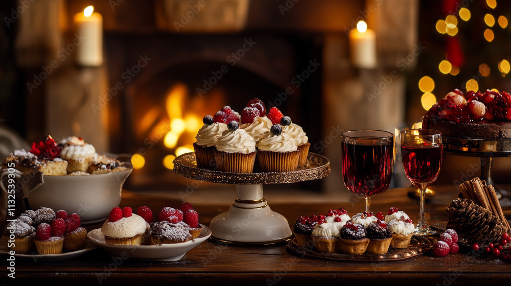 Fototapeta premium Holiday dessert table features assorted cupcakes and pastries near a warm fireplace