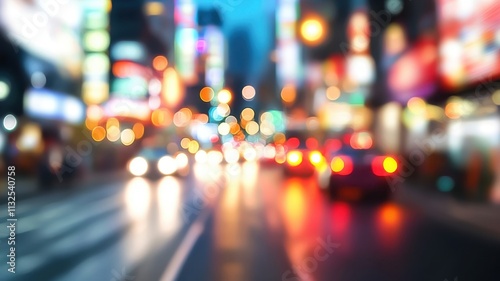 Blurred view of times square's lively nighttime lights, reflecting on a rain soaked sidewalk, forming a vibrant urban landscape cityscape with bokeh lights at night photo