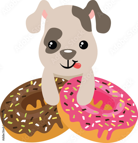 Funny puppy with strawberry and chocolate donuts