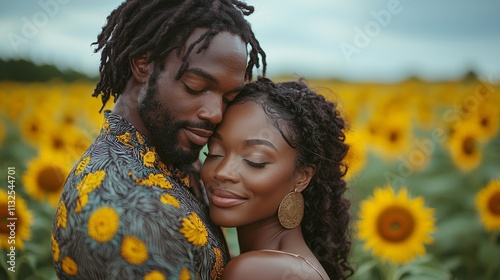 Loving couple in a sunflower field photo