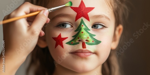 Child's christmas face painting home studio portrait photography festive atmosphere close-up view holiday spirit