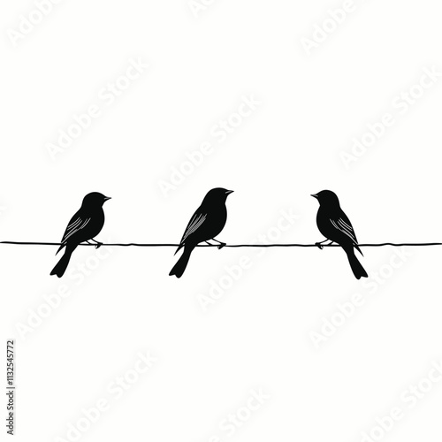 Canvas Print Black birds perched along wire against plain backdrop.