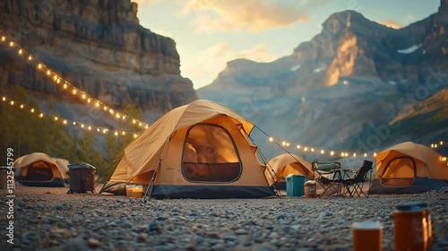 A cozy campsite nestled at the base of towering rocky mountain cliffs with tents arranged in a peaceful semi circle formation  The golden light of the setting sun illuminates the rugged peaks photo