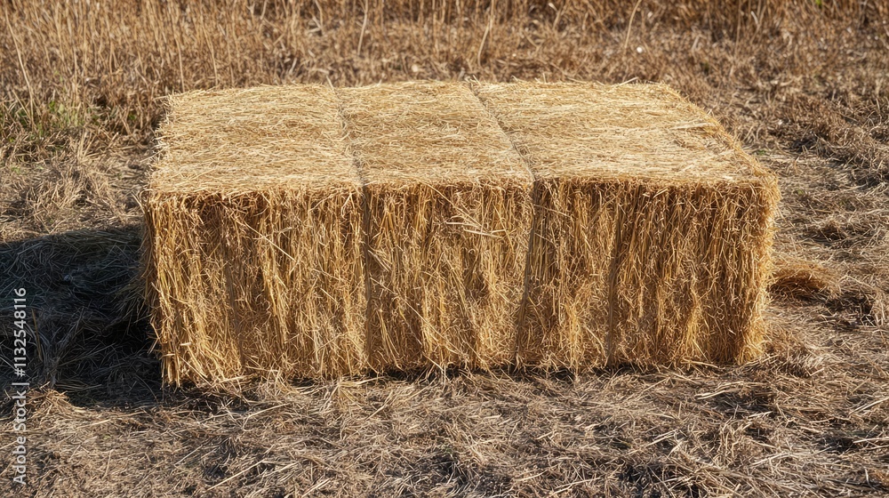 Fototapeta premium Rectangular straw bale resting on a dry field under sunlight showcasing agricultural elements in a rural setting