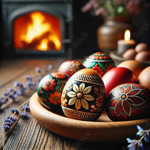 Easter. Eggs decorated in the colors of national ornaments. Сreated AI.