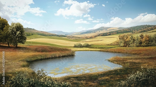 Serene agricultural pond landscape reflecting lush fields and distant hills under a clear blue sky in a tranquil rural setting. photo