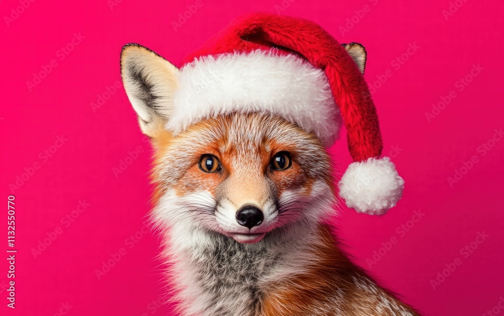 Obraz premium A curious fox wearing a fluffy Santa hat on a bright magenta background for christmas