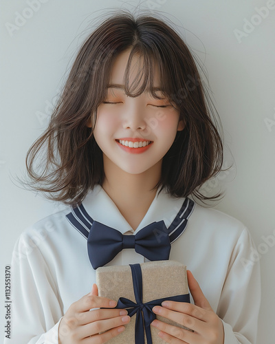 A cheerful girl in a traditional school uniform, holds a wrapped present box close to her heart. looks happy, with a wide grin on her face.  photo