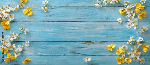 Artificial yellow and white flowers on a blue wooden background for spring bloom Easter and Mother's Day with blank space for text