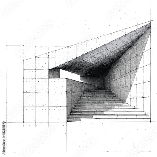 Modern architectural sketch with sharp lines and shadows.