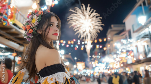 a young woman in a Mexican folkloric dress, standing on a festive town square, adorned with vibrant New Year decorations. She gazes at the fireworks illuminating the night sky photo