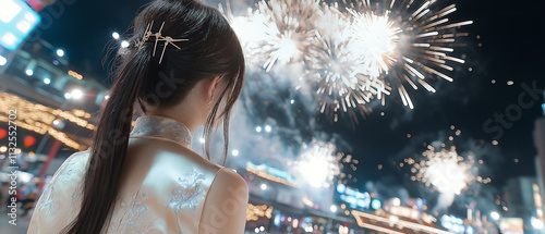 a young woman in a traditional Chinese cheongsam, standing on the bustling city square decorated for the New Year. And fireworks explode in the sky,  photo