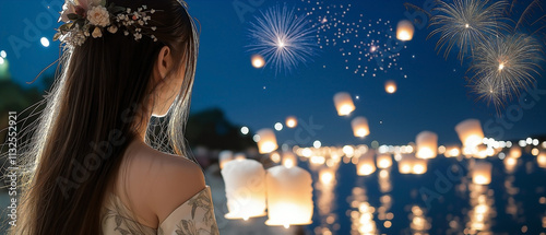 a young woman in a traditional Thai dress, on a tropical beach, celebrating New Year with floating lanterns illuminating the night sky. photo