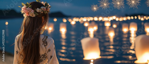 a young woman in a traditional Thai dress, on a tropical beach, celebrating New Year with floating lanterns illuminating the night sky. photo