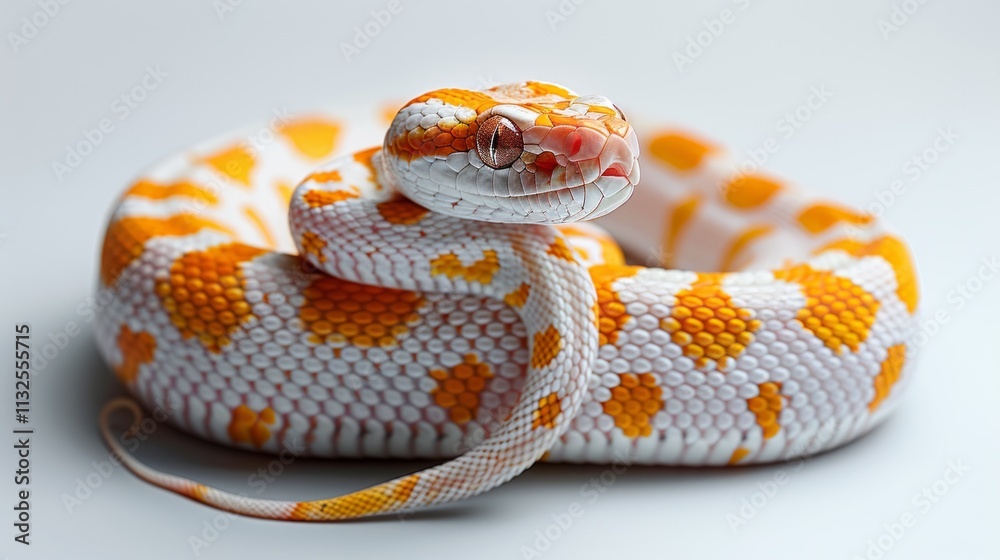 Obraz premium Close-up of an orange and white snake coiled on a white background.