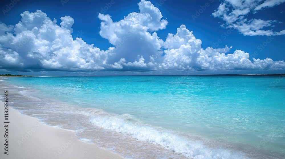 Fototapeta premium Tranquil tropical beach scene with fluffy clouds and gentle waves lapping the shoreline under a serene blue sky and warm offshore breeze
