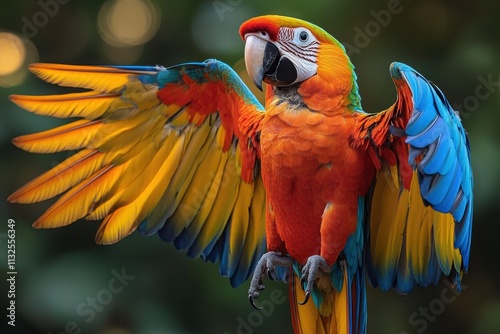 Colorful parrot elegantly spreads its wings in a vibrant tropical setting photo