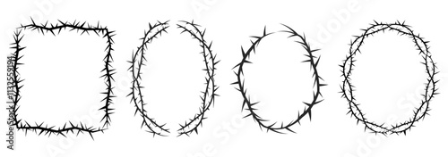 Thorn stem vine plant with spikes simple border frame oval y2k creepy branch. Barbed wire tattoo. Boundary frame. 