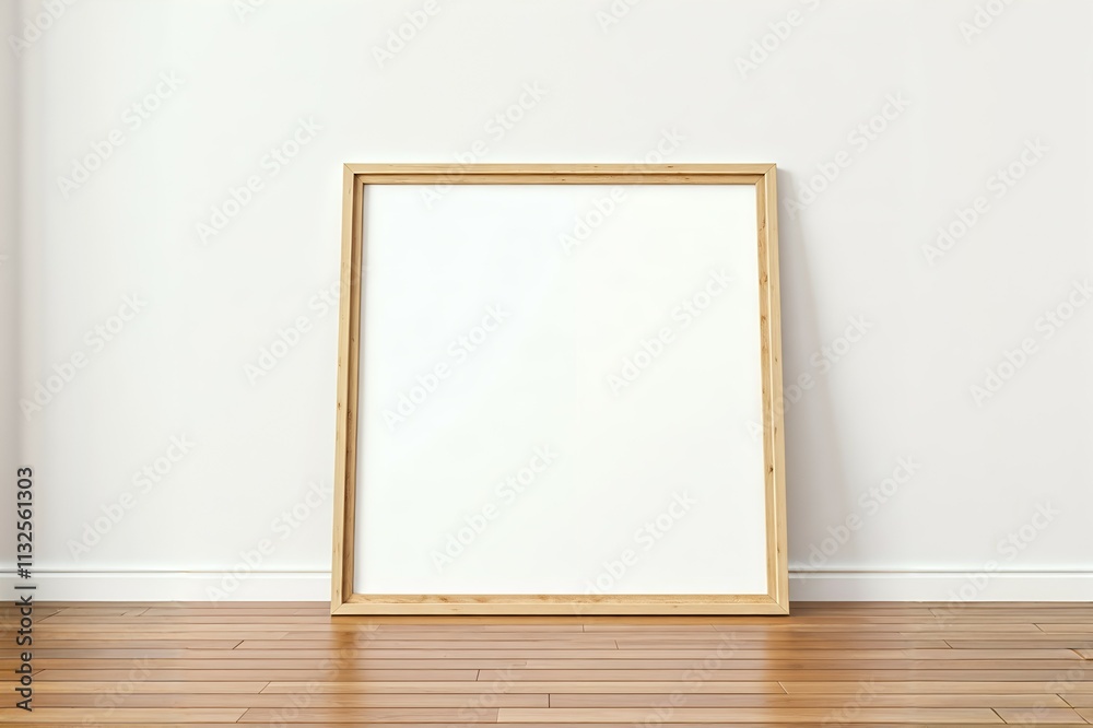 Blank white canvas in a wooden frame leaning against a white wall on a wooden floor. Blank white canvas in a wooden frame leaning against a white wall on a wooden floor.