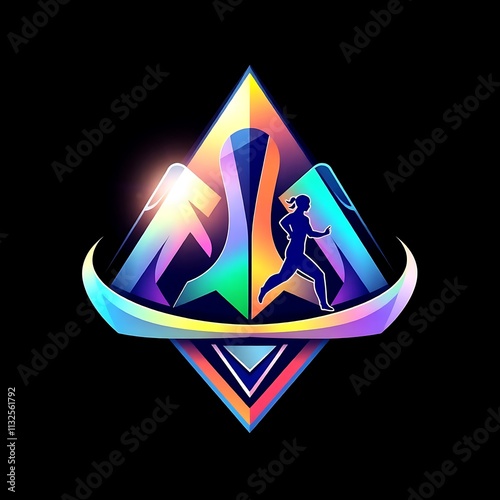 Running Towards Goals: A dynamic and vibrant logo design featuring a silhouette of a runner ascending a geometric mountain, symbolizing ambition, perseverance, and the pursuit of success. photo