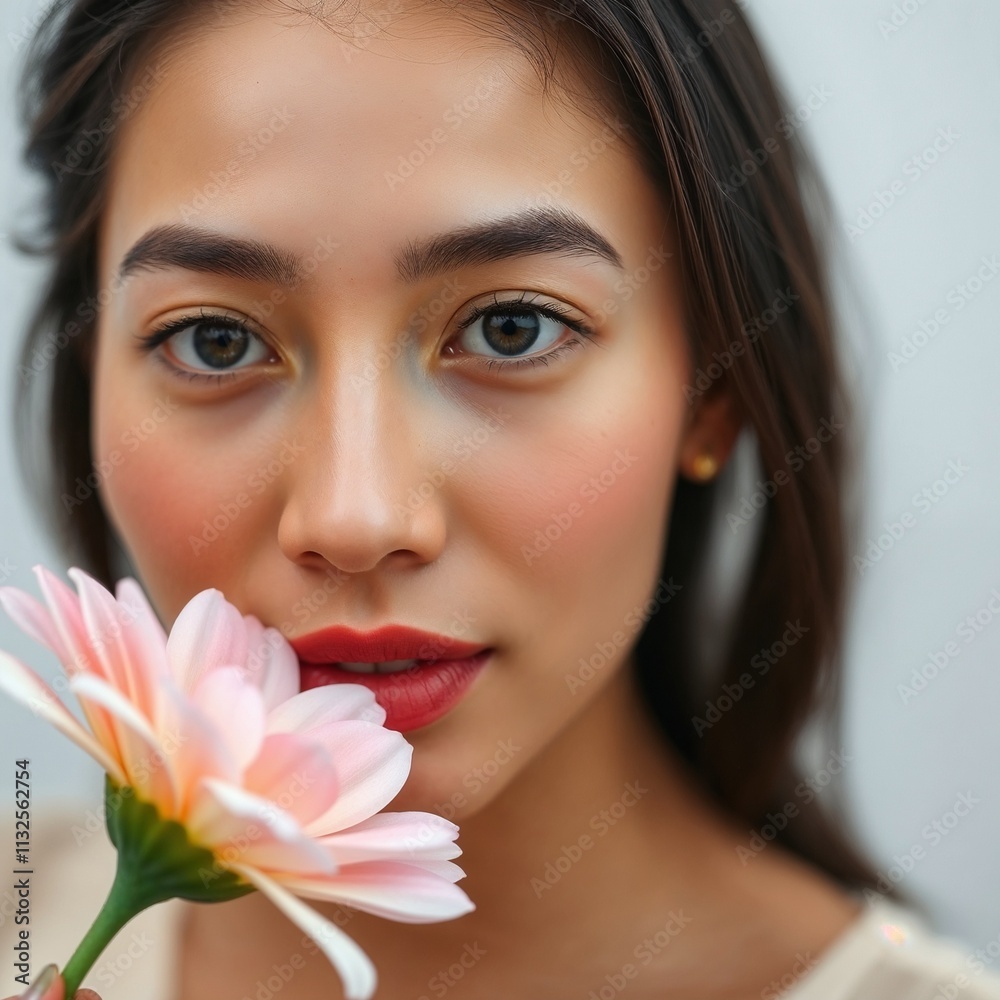 Fototapeta premium Woman Holding a Pink Flower with a Soft Expression