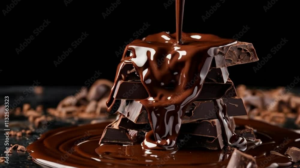 Melted dark chocolate is dropping in dark chocolate pieces stacked on a black background.