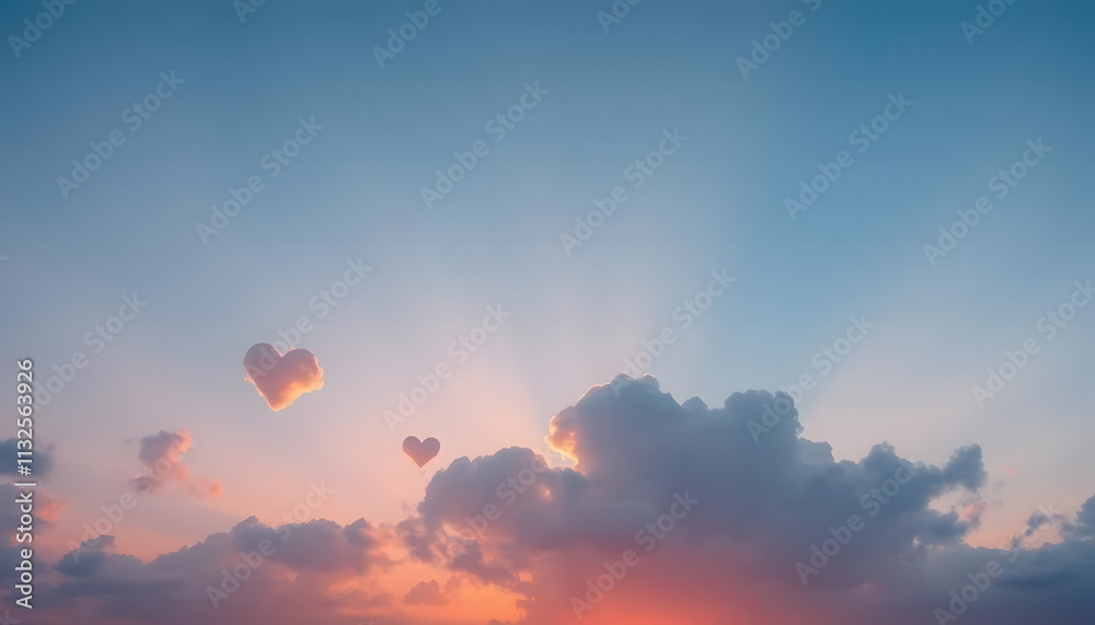 Fototapeta premium Sunset Sky with Two Heart Shaped Clouds Romantic Evening Scene