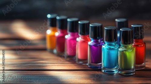 Colorful assortment of nail polish bottles arranged on a wooden table showcasing a vibrant selection for manicure enthusiasts. photo