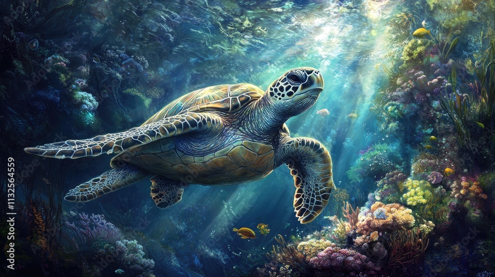 Fototapeta premium Majestic Sea Turtle Swimming Gracefully Underwater in Coral Reef