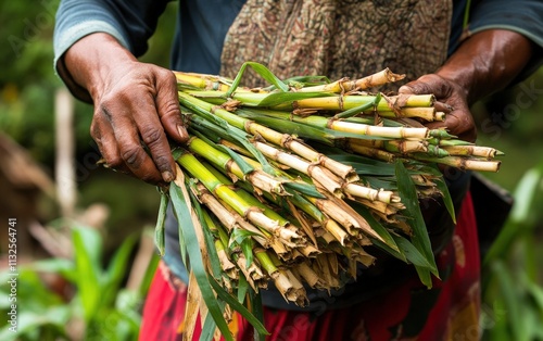 A close-up of a Mizo farmer holding harvested bamboo shoots, symbolizing prosperity and celebration photo