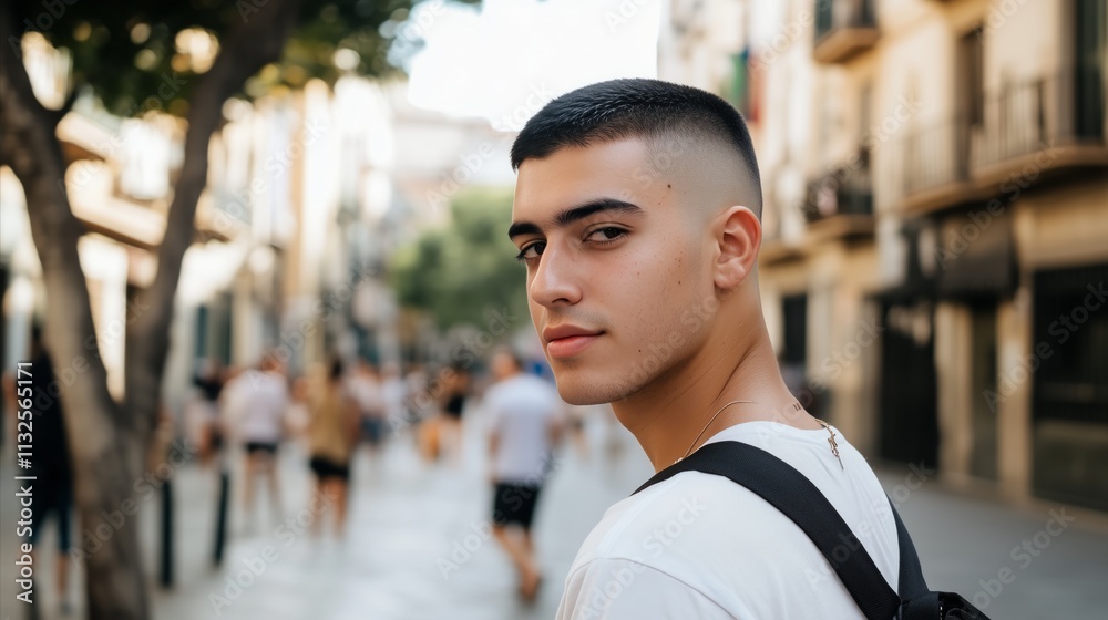 Fototapeta premium Man with a shaved head and a beard is standing on a sidewalk