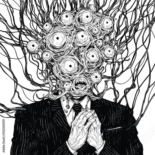 Grotesque figure in a suit with tangled head and eyes.