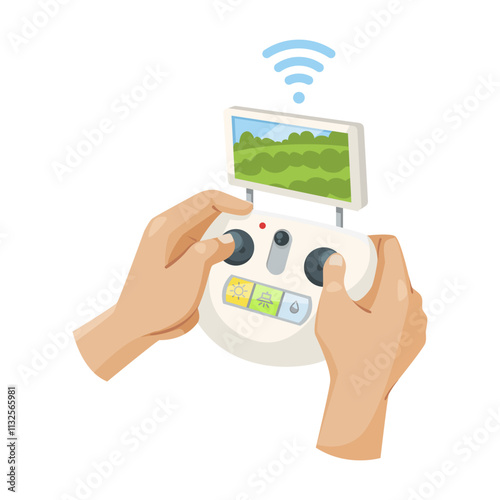 Hands holding a drone controller showing a screen with landscape view, colorful buttons, and Wi-Fi signal on white background. Vector illustration photo