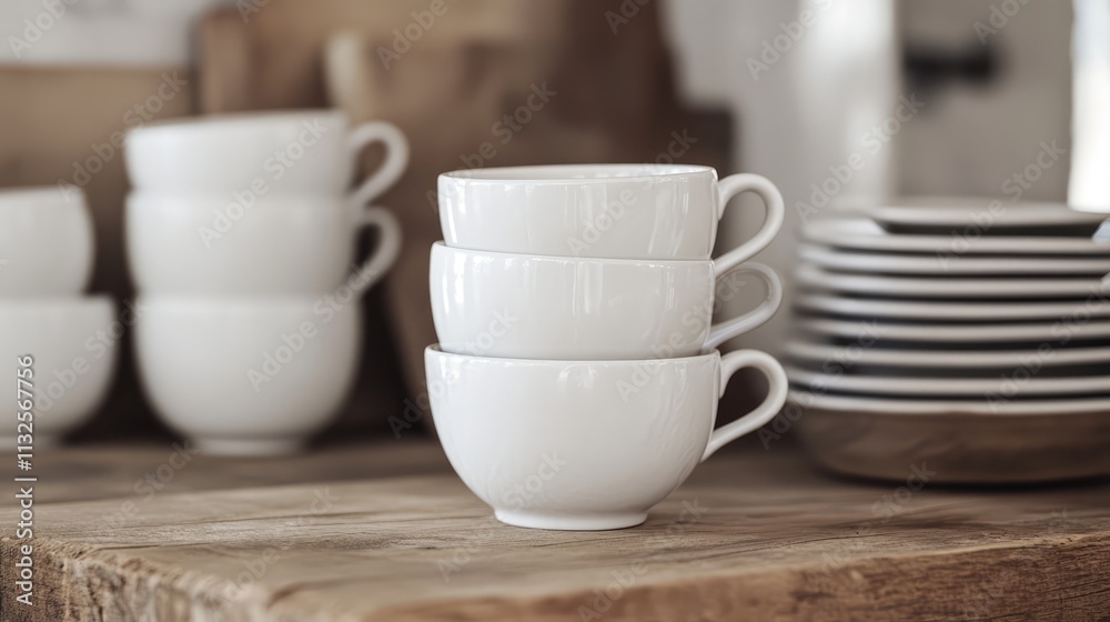 Fototapeta premium White ceramic cups stacked on a rustic wooden table with plates in the background creating a cozy dining atmosphere