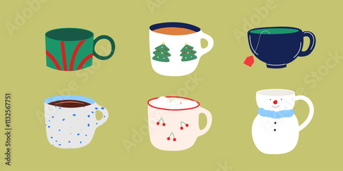 Various winter mugs vector illustration set