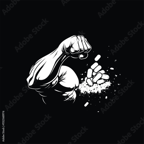 Muscular arm crushing pills in dynamic black and white art.