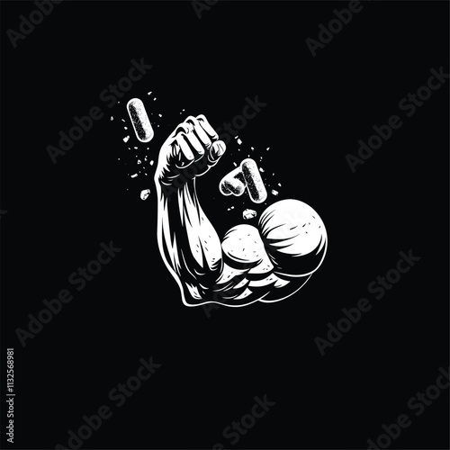 Muscular arm crushing pills in dynamic black and white art.