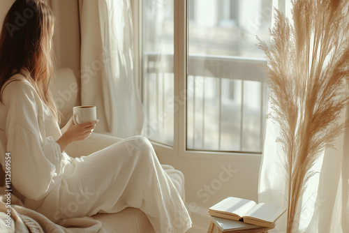 A cozy modern apartment with large windows, warm natural light filling the room. A young man/woman holding a cup of coffee, sitting on a comfortable chair near a large window.   photo