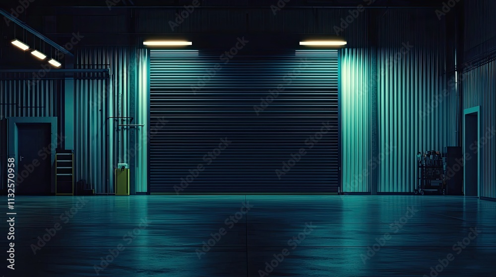Fototapeta premium Dark empty industrial background with a metal garage door and floor, studio lighting