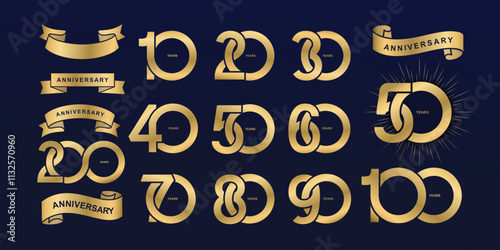 Set of gold anniversary pictogram icon. Logo year numbers 10, 20, 30, 40, 50, 60, 70, 80, 90, years birthday logo label, golden stamp. Festive ribbons, decoration Vector logo numbers illustration.