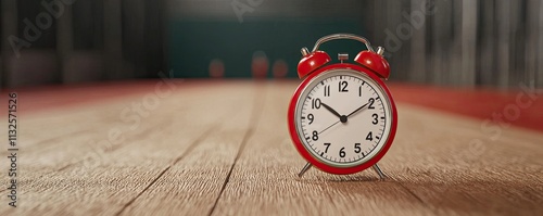 A classic red alarm clock rests on a wooden floor, symbolizing the passage of time and the importance of punctuality.