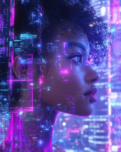 Augmented Identity Verification in Vibrant Afrofuturistic Techno Utopia Landscape photo