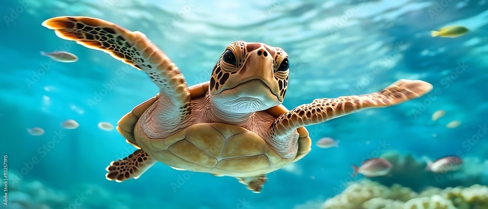 Obraz premium Underwater sea turtle swimming in ocean.