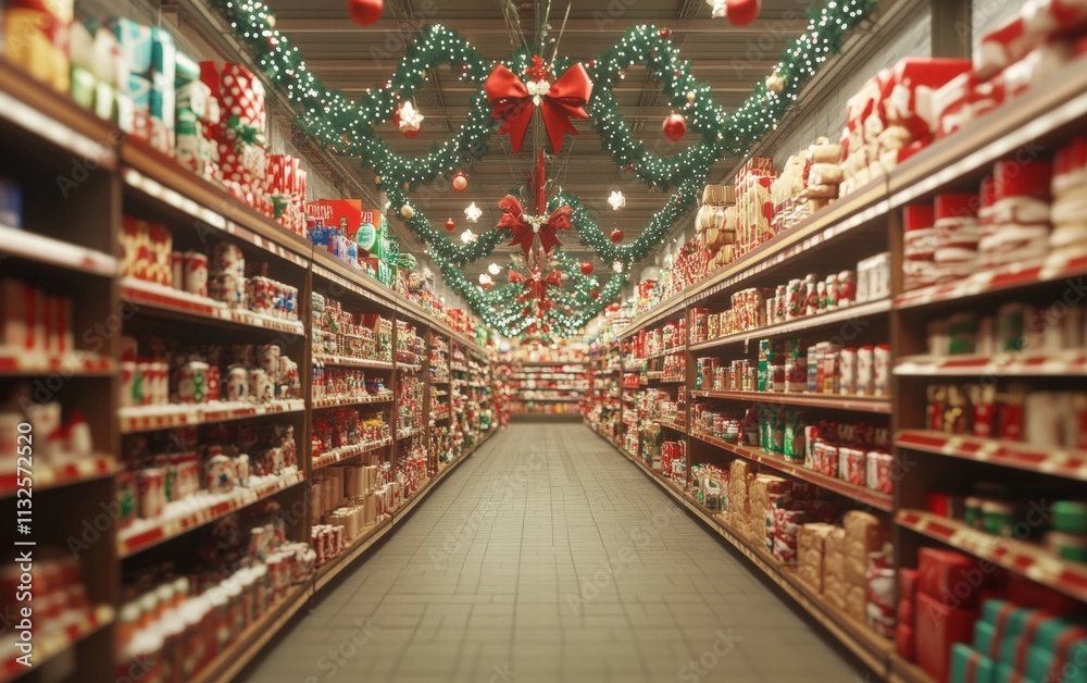 Fototapeta premium A supermarket aisle filled with holiday products like garlands chocolates and small gifts for christmas