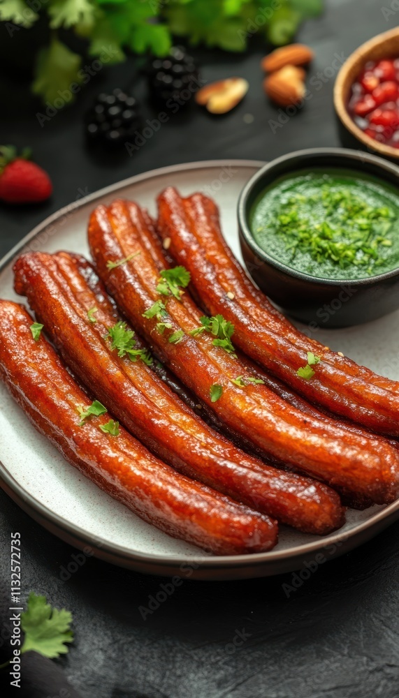 A plate of glazed sausages garnished with herbs and accompanied by a green sauce. A plate of glazed sausages garnished with herbs and accompanied by a green sauce.