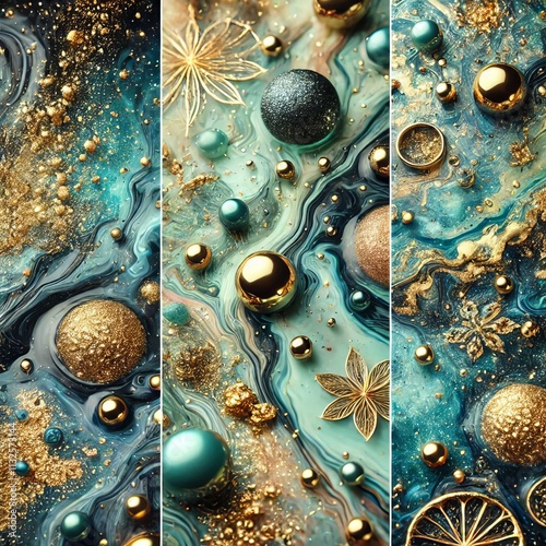 Various stains and overflows of gold particles in blue fluid with green tints. Golden particles dust and smooth defocused background. Liquid iridescent shiny backdrop with depth of field.
 photo