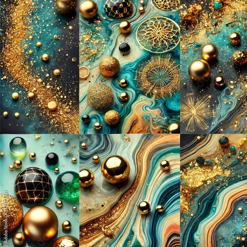 Various stains and overflows of gold particles in blue fluid with green tints. Golden particles dust and smooth defocused background. Liquid iridescent shiny backdrop with depth of field.
 photo