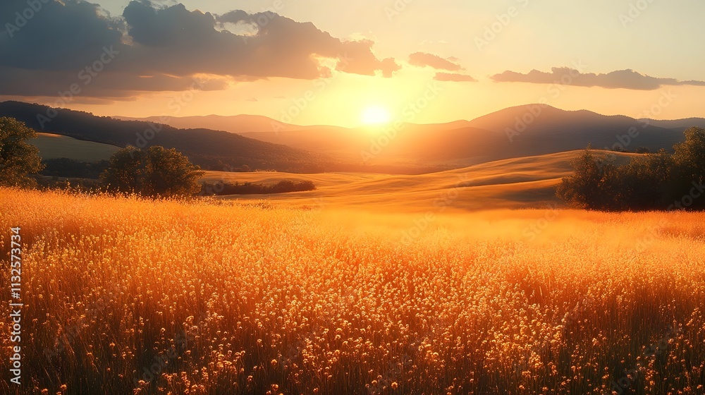 Fototapeta premium A field of tall grass with a sun setting in the background