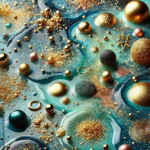 Various stains and overflows of gold particles in blue fluid with green tints. Golden particles dust and smooth defocused background. Liquid iridescent shiny backdrop with depth of field.
 photo